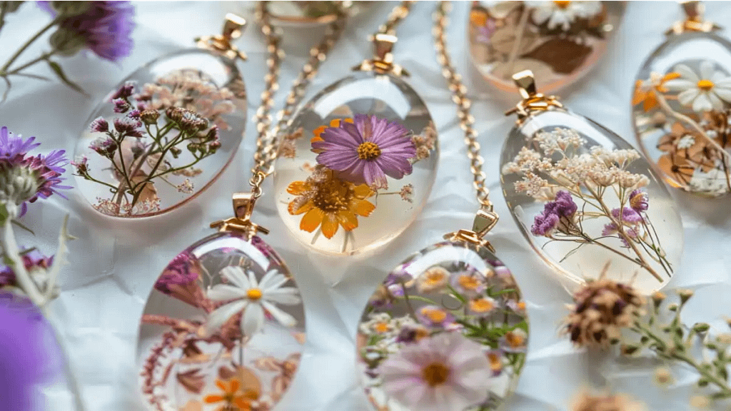 Bio joias feitas em resina com flores e folhas. Passo a passo completo no blog Dica Pronta.