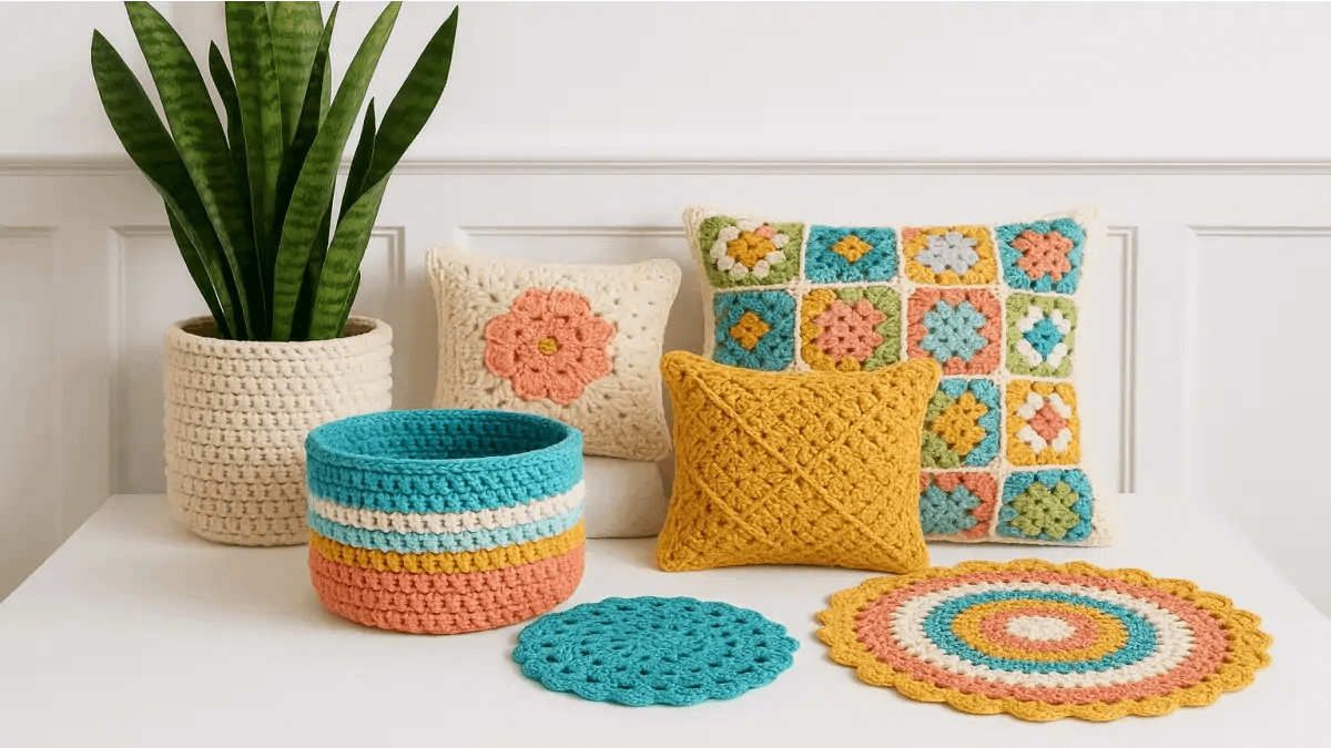 Almofada de crochê de varias cores no blog Conversa Pronta.